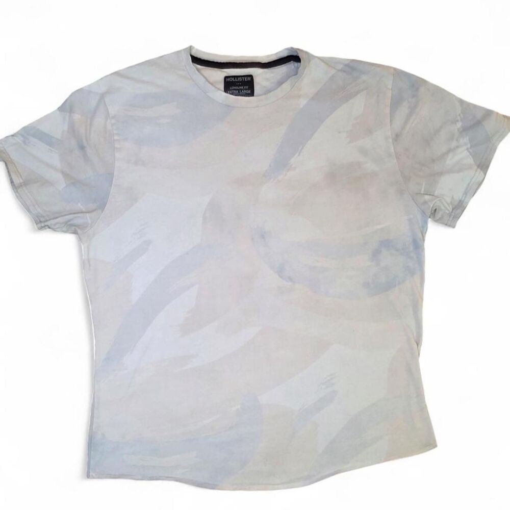 Hollister XL Longline Fit Abstract Blue White Brushstroke Graphic T-Shirt